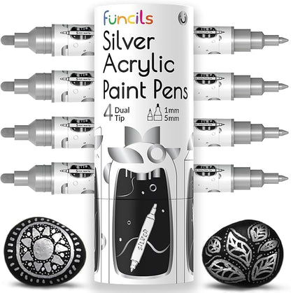 4 Acrylic Metallic Silver Paint Pen (Dual Tip) - Fine Tip & Medium, Acrylic Paint Markers - Silver Metallic Marker for Rock Painting, Canvas, Wood, Glass, Fabric, Metal and Plastic - Water-based Ink