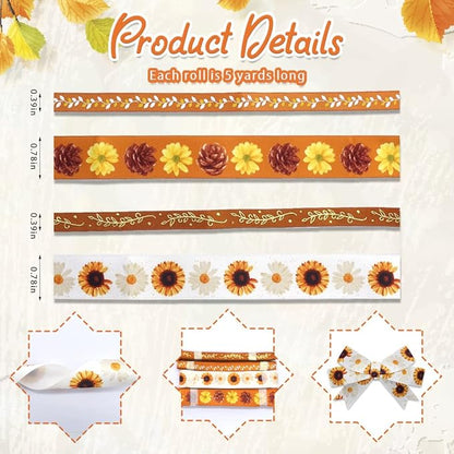 4 PCS Thanksgiving Fall Ribbons for Crafting, 3/8''Width and 4/5''Width Flowers Ribbons White Orange Satin Ribbon Metallic Leaves Craft Ribbons for Gift Wrapping Fall Decorations