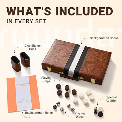 ropoda Backgammon Board Game Set (15 Inches) for Adults and Kids - Classic Board Strategy Game - Portable and Travel Backgammon Set with Premium Leather Case - Best Strategy & Tip Guide
