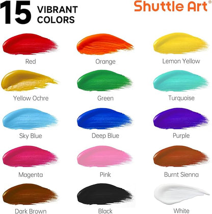 Shuttle Art Acrylic Paint, 15 Colors Acrylic Paint Large Bottle Set, 473ml/16oz Each, Rich Pigments, High Viscosity, Bulk for Artists, Beginners and Kids on Rocks Crafts Canvas Wood