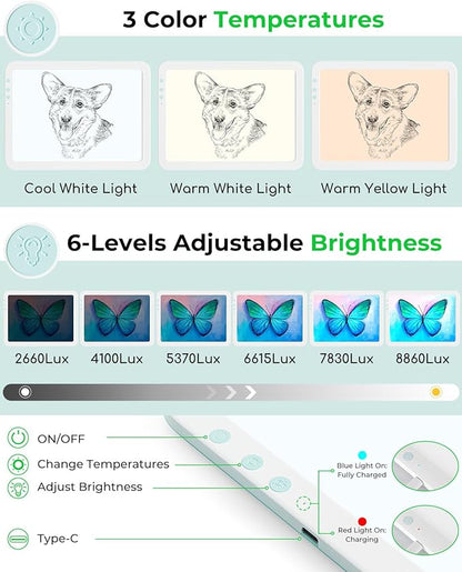 Rechargeable A4 Light Board with Weeding Tools Set and Accessories for Vinyl,Bawaslom Ultra-Thin & Bright Light Pad for Vinyl Weeding with 3 Colors & 6-Level Brightness for Diamond Art,Tracing