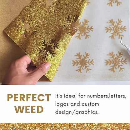 Gold Glitter HTV Heat Transfer Vinyl Bundle 8 sheets-12 x12 Iron on Vinyl for T Shirts Hats Clothing Compatible with Cricut Cameo Heat Press Machine