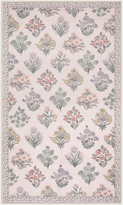 Wonnitar Boho Floral 3x5 Washable Rug, Ultra-Thin Pink Small Rugs for Bedroom, Soft Non Slip Moroccan Throw Carpet for Nursery Girls Bedside Dorm Room Decor, Pale Pink
