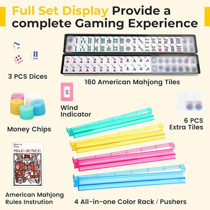 Mahjong Tile Set,166 White Tiles Mahjong Set,4PCS Mahjong Racks with Pushers,Travel Mahjong Set with Flower Carrying Bag
