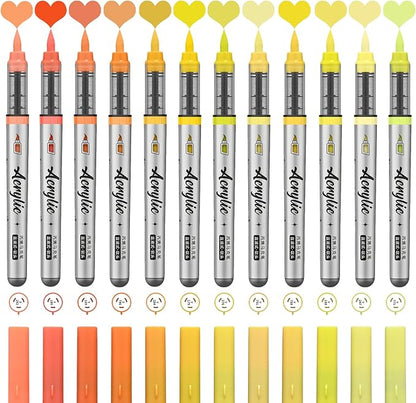 Yellow Orange Acrylic Paint Pens,12 Color Paint Pens Markers,Brush Tip Paint Pens for Rock Painting Wood Glass Ceramic Canvas Stone DIY Crafts Making Art Supplies