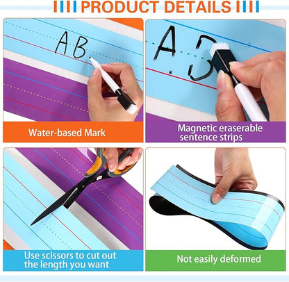 Faccito 12 Pieces Large Magnetic Sentence Strips 3 x 36 inch Dry Erase Sentence Strips Jumbo Multicolor Magnetic Handwriting Paper with Lines for Teacher Whiteboard Classroom School Supplies