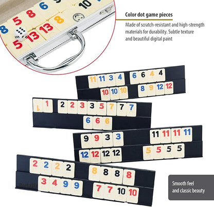 ERLLE - 106 Rummy Tiles Game Set with Aluminum Case. Deluxe Rummy Cube Game for Adults & Families, Includes 4 Anti-Skid Racks, Dice. Travel Board Game for 2-4 Players, Colorful Melamine Tiles.