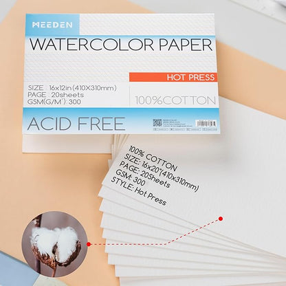 MEEDEN Watercolor Paper Block - 100% Cotton Watercolor Paper Pad of 20 Sheets, 140lb/300gsm, Acid-Free Art Paper for Watercolor, Gouache, Ink and More, 16" x 12" Hot Press