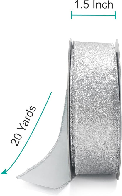 CT CRAFT LLC Glitter Wired Ribbon 1.5" x 20 Yards Silver for Christmas Home Decor Bow Gift Wrapping DIY Crafts Wreath