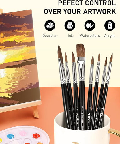 Nicpro Kolinsky Sable Watercolor Brushes, 10PCS Professional Sable Paint Brush Set with Nylon Holder for Watercolor Acrylic Gouache Inks Painting with Flat, Round Pointed, Cat's Tongue Oval Wash