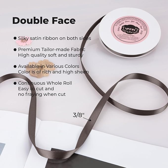 VATIN Double Face Dark Olive Satin Ribbon 3/8" Continuous 50 Yards,Dark Olive Polyester Fabric Ribbon use for Bows Bouquet, Gift Wrapping, Floral Arrangement Wedding Decoration