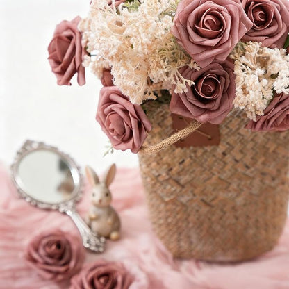 Artificial Flowers Foam Fake Roses 25pcs Dusty Rose Faux Roses with Stems for Home Decor DIY Wedding Bouquets Party Bridal Shower Centerpieces Faux Flower Arrangements Tables Decorations
