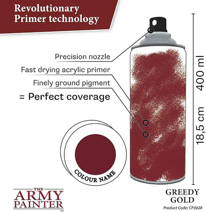 The Army Painter Colour Primer Greedy Gold, 400 mL Acrylic Spray Primer, Spray Paint for Miniature Priming Basecoat, Tabletop Roleplaying, Boardgames, and Wargames Miniature Modelling