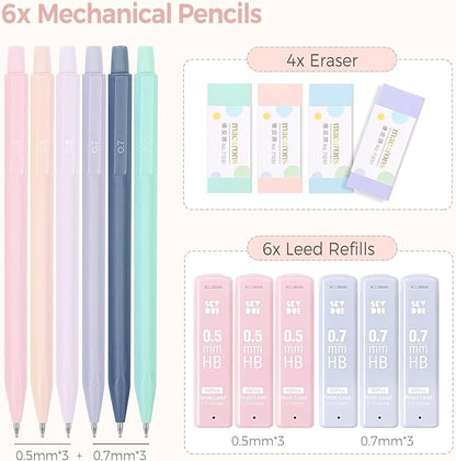 SKYDUE Cute Mechanical Pencils Set with Case, 6PCS 0.5mm & 0.7mm Mechanical Pencils, 360PCS HB Lead Refills, 4PCS Pastel Erasers, Pastel Back to School Supplies for Girls