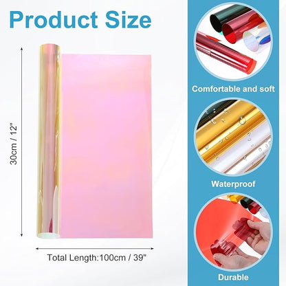 MECCANIXITY Iridescent Window Film,12" x 39" Iridescent Holographic PVC Fabric Dichroic Film Clear Vinyl Paper Roll for DIY Craft Gift Wrapping Bag Decoration,Laser Red