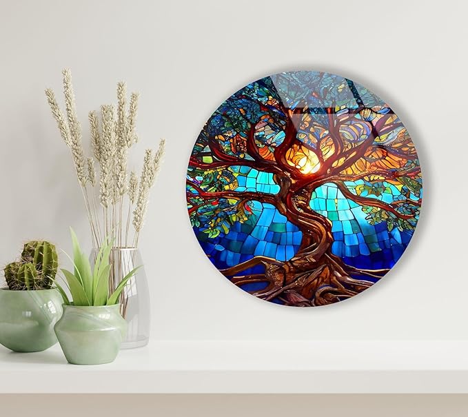 My Photostation.com Round 24'' Stained Blue Life of Tree Glass Wall ArtTempered Glass Printing Wall Decor Large Wall Art Wall Hangings