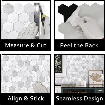 The Tiles Plaza 10-Sheet Peel and Stick Backsplash, Carrara White Hexagon Stone Composite Marble Looks Self Adhesive Wall Tile, Stick On Tiles for Kitchen Bathroom Shower, Cover 9 Sq Ft.