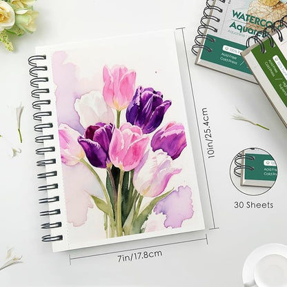 KOVIEDE 100% Cotton Watercolor Paper Pad - 30 Sheets 7"x10" Spiral Bound 140lb/300gsm Cold Press Watercolor Sketchbook, Artist Quality Art Journal Supplies for Adults, Kids & Beginners