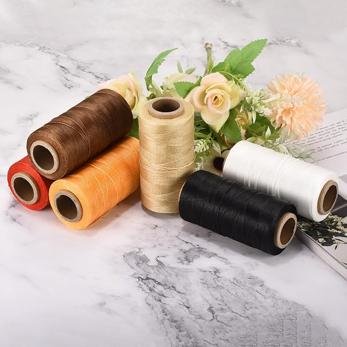 MECCANIXITY Waxed Thread,284 Yard 0.8mm 150D Flat Wax Thread Polyester Waxed String for Leather Sewing Hand Weaving Book Binding Home Decoration, Yellow-Brown
