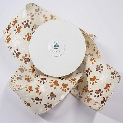 CT CRAFT LLC Ivory Canvas Dog Paw Wired Ribbon 2.5 Inch x 10 Yards for Christmas Home Decor Tree Topper Bow Gift Wrapping DIY Crafts Wreath Garland