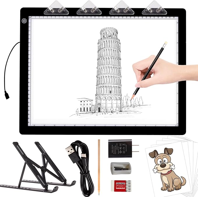 A3 Light Pad with Foldable Stand, UL Certified Adapter, 8000 Lux Super Bright Ultra Thin Pad for Cricut Weeding Vinyl, Artist Drawing Light Box/Board/Table for Tracing, Sketching - Black