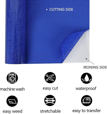 FUNKAKA Glitter Royal Blue HTV Heat Transfer Vinyl Rolls, 12" x 25ft PU Iron on Vinyl for T-Shirt Royal Blue Glitter HTV Vinyl for All Cutter Machines Easy to Cut & Weed for Heat Vinyl Design