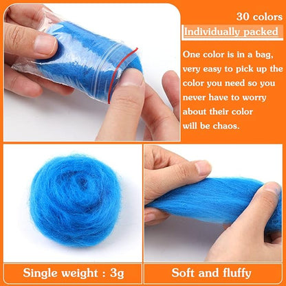 Mayboos 30 Colors Wool Roving Yarn for Needle Felting - DIY Craft Fiber Wool for Wet Felting - 3g/Color (Dark Color)