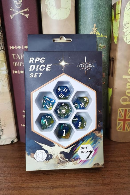 DND RPG Dice Set, Nebula Polyhedral Dice for Dungeons and Dragons, Mystery 7-Piece Set (Blue Gold)