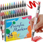 24 Automatic Ink Control Acrylic Paint Markers Dual Tip, Brush Tip Medium Tip No-Bleed Acrylic Paint Pens For Rock Painting, Wood, Fabric, Canvas, Glass, Plastic, Art Painting Supplies Kit
