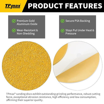 6-Inch 400-Grit Gold PSA Sanding Discs, 50 Pack – Pro-Grade Self-Adhesive Stickyback Sandpaper with Quick-Release Tabs for DA Sander, Superfine Automotive/Wood/Metal Sanding