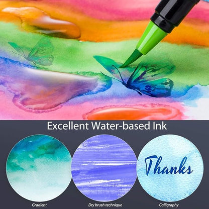 Professional Watercolor Brush Markers Pen 24 Colors of Ohuhu, Water Based Drawing Marker Brushes W/A Blending Aqua Pen, Water Soluble for Adult Coloring Books Comic Calligraphy