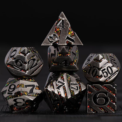 Anitque Metal Dice D&D,Metal Glitter Stripe Dice 7pcs Set with Gift Case,Polyhedral Dice for Role Playing Game (Antique Nickel Red)