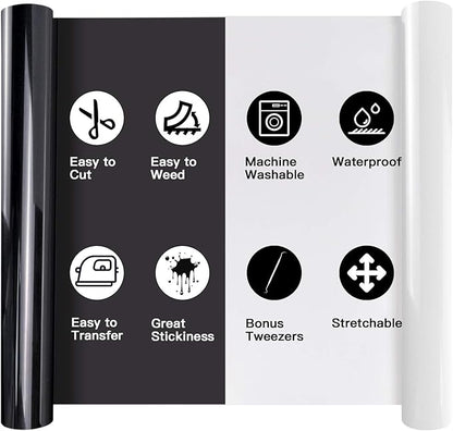 HTVRONT Heat Transfer Vinyl Rolls - 2 Pack 12" x 8ft Black and White HTV Vinyl for Shirts, Iron on Vinyl for All Cutting Machine - Easy to Cut & Weed for Heat Transfer Design (Black and White)