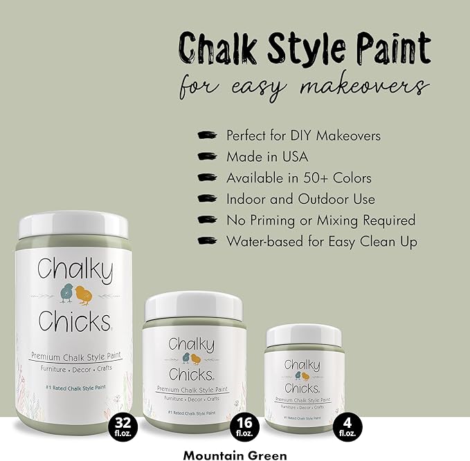 Chalky Chicks All-in-One Chalk Paint for Furniture or Cabinet -16FlOz-Matte Finish Mountain Green (Sage Green) for Metal, Wood Furniture Paint - No Sanding All-in-One for Home Decor & Crafts, USA Made