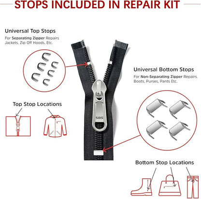 Zipper Repair Kit (188 Pcs) - Universal Fixer for Luggage, Backpacks, Jackets, Coats & Boots Includes #3#5#8#10 Sliders, Zipper Pull Replacement, Stops & Repair Tool（Non-YKK Compatible）