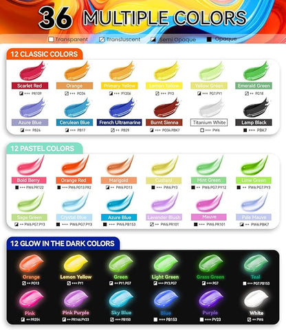 52 PCS Classic & Pastel & Glow in the Dark Acrylic Paint Set with 12 Brushes, 2 Knives & Palette, 36 Colors Art Craft Paint for Beginners, Halloween Pumpkin Canvas Ceramic Rock Painting Kit