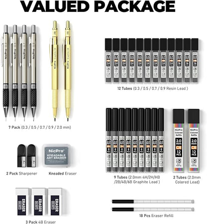 Nicpro 37PCS Gold Art Mechanical Pencil Set, 4PCS Metal Drafting Pencil 0.3/0.5/0.7/0.9 mm & 2PCS 2mm Lead Holder (6B 4B 2B HB 2H 4H) School Supplies for Sketching Drawing with 23 Tube Lead Refills