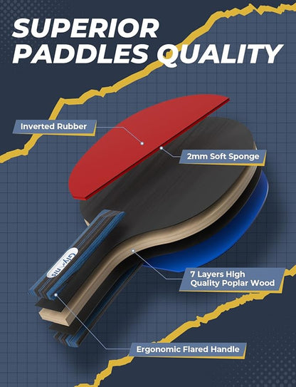 Glymnis Ping Pong Paddles Set Table Tennis Rackets with Balls, Storage Case for Indoor Outdoor Table Tennis Paddle Game Accessories