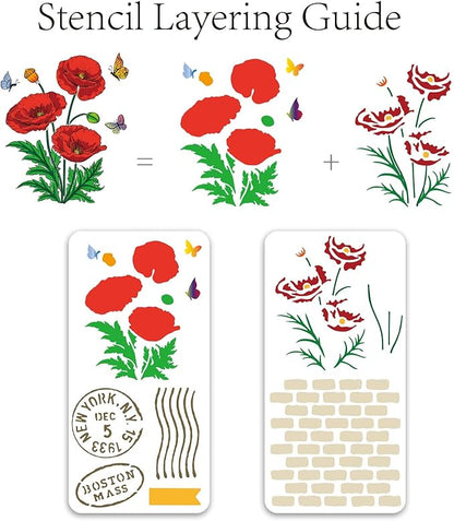 ORIGACH Realistic Corn Poppy Flower Stamps and Die and Layering Coloring Stencil Bundle for Card Making Album Arts Crafts Supplies