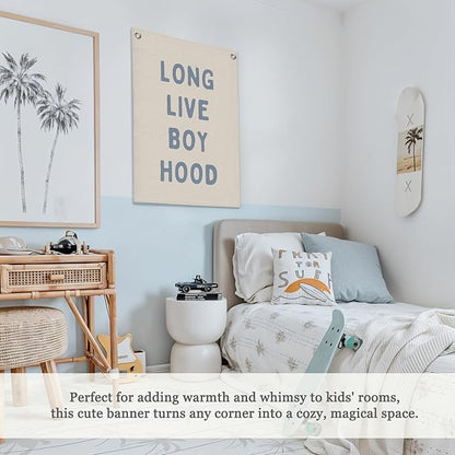 Blue Long Live Boyhood Linen Canvas Banner,Boy Room Decor,Nursery Playroom Wall Decor For Boys Bedroom Toddler Decorations Teen Boy Room Decor Wall Hanging Flag Banner 18x25 Inch
