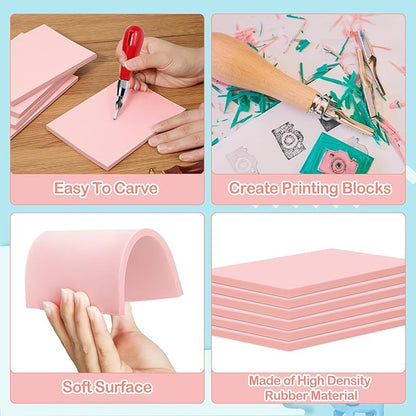 Frienda 50 Pack Rubber Carving Blocks 4 x 6 Inch, Rubber Stamp Carving Blocks for Printmaking, Printing, DIY Craft Project, Soft Block Stamp for Beginners and Professional(Pink)
