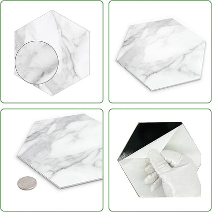 45-Sheet Hexagon Peel and Stick Backsplash, 6" x 7" White Calacatta Marble Looks Self Adhesive Wall Tile, Stone Composite Stick on Decorative Mosaic Tile for Kitchen Bathroom Fireplace