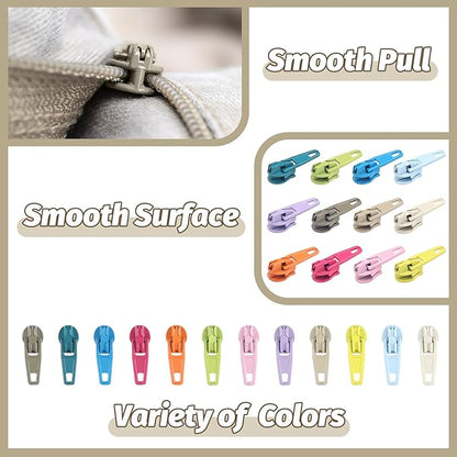 DOITEM 96Pcs Zipper Repair Kit Zipper Replacement 3# Zipper Pull Rescue Kit for Clothing Jackets Purses (12 Colors)