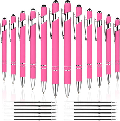12 PCS 2 in 1 Stylus Ballpoint Pen with Stylus Tip, 1.0 mm Black Ink Metal Pen Stylus Pen for Touch Screens (Silver & Pink)