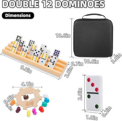 Mexican Train Dominoes Set with 6 Wooden Holders, Double 12 Colored Dot Dominoes with Update Hub, Travel Train Game with 91 Tiles and Portable Carry Case, Family Board Team Games