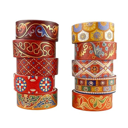Washi Tape Set 10 Rolls, Chinoiserie Gold Foil Decorative Paper Sticker for Planner Scrapbook Journal DIY Arts Craft (Ancient Red)