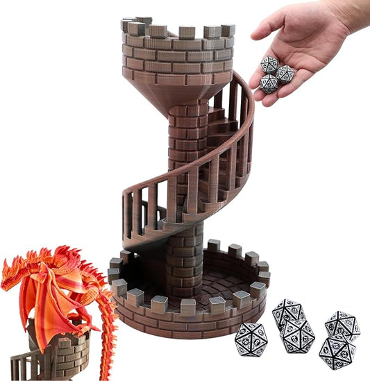 Wyvern Castle Dice Tower (with 5 polyhedral dice and a Dragon) for Table Games, D&D & RPG Games, Perfect Table Decoration and Party Surprise Gifts (Red Gold)