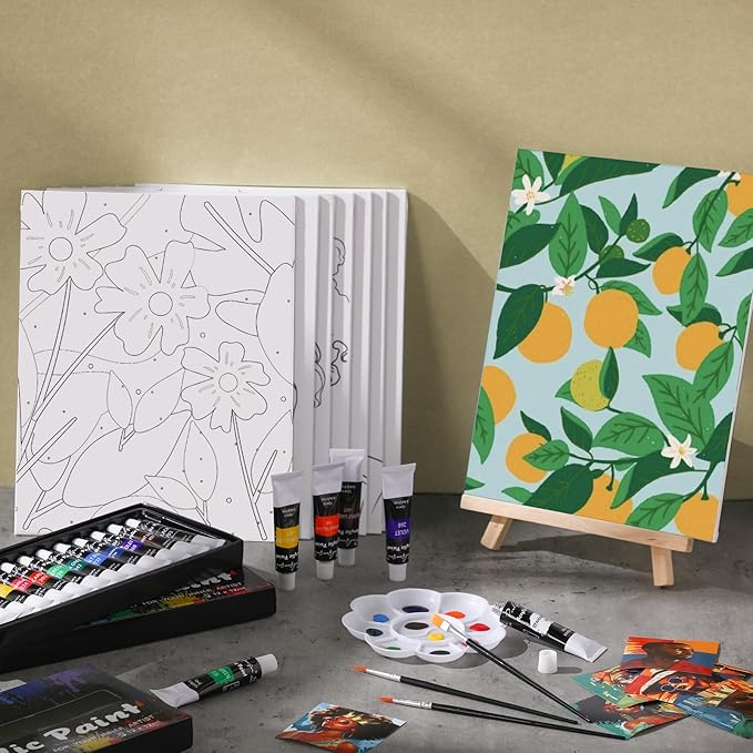 Cholemy 36 Pcs Paint and Sip Kit for Adults 8''x10'' Pre Drawn Canvas for Painting DIY Afro Acrylic Painting Kit Wood Easel Brushes Date Night Bulk for Christmas Party Gifts(Flowering)