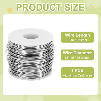 MECCANIXITY 15 Gauge Anodized Aluminum Craft Wire Bendable Bonsai Training Wire 223 Feet 1.5mm for Sculpting Crafts Wreath Floral Beading Jewelry Making, Silver Tone