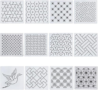 FREEBLOSS Embroidery Stencils - Geometric Sashiko Patterns - Acrylic 14x14cm